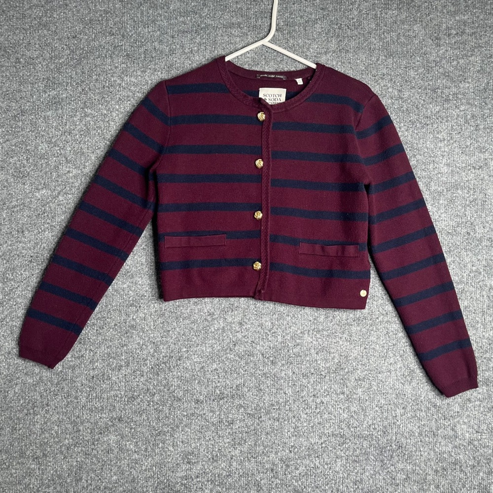 Scotch &‎ Soda Striped Cropped Cardigan Burgundy Navy Gold Button XS Preppy Chic